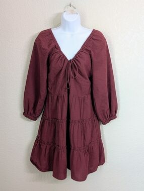 Madewell Amalia Tiered Mini Dress Size 2 Burgundy Milkmaid Long Sleeve Pockets